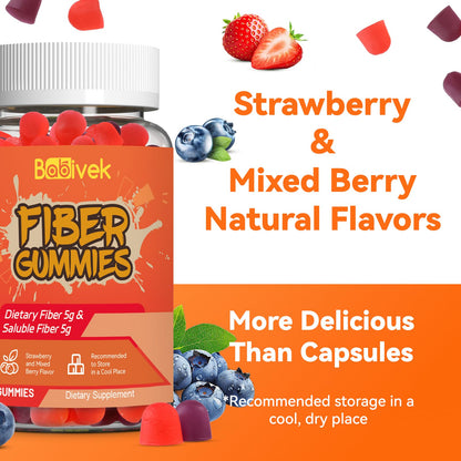 Babivek Fiber Gummies for Women and Men – Dietary Fiber, Gut Health Support, Vegan, Non-GMO, Non-Gluten, Mixed Berry & Strawberry Flavors, 60 Count(Pack of 2)