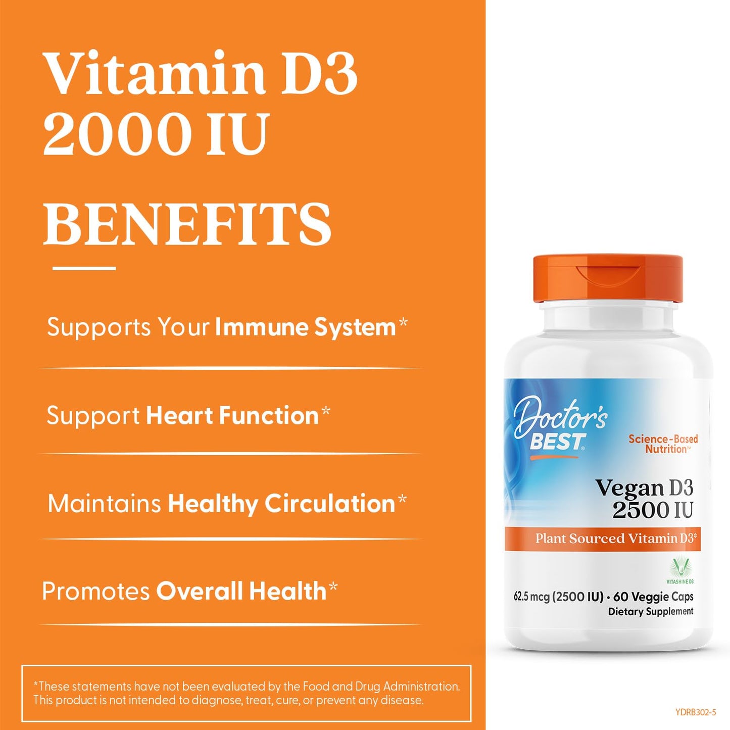 Doctors Best Vegan Vitamin D3 2500 IU Veg Caps - Vegan Vitamin D Supplement for Men & Women, Helps Support Calcium Absorption, Heart Health & Immune Support,
