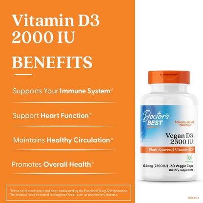 Doctors Best Vegan Vitamin D3 2500 IU Veg Caps - Vegan Vitamin D Supplement for Men & Women, Helps Support Calcium Absorption, Heart Health & Immune Support,
