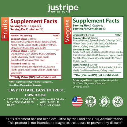 Fruits and Veggies Supplement - 90 Fruit and 90 Vegetable Capsules - 100% Whole Natural Superfood - Filled with Super Greens Vitamins and Minerals - Supports Balance Energy Levels (1 Pack) Just Ripe Nutrition buy supplements Au