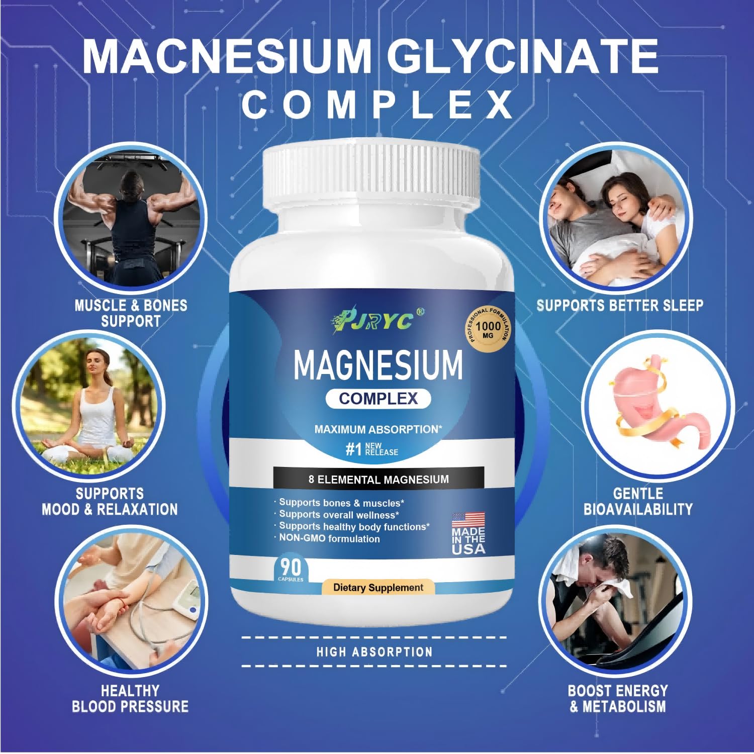 Magnesium Complex Supplement - 1000mg with 8 Magnesium Forms: Glycinate, Citrate, Malate, Taurate & Orotate - Supports Muscle Function, Bone Strength & Relaxation - Vegan, Non-GMO - 180 Capsules PJRYC buy supplements Au