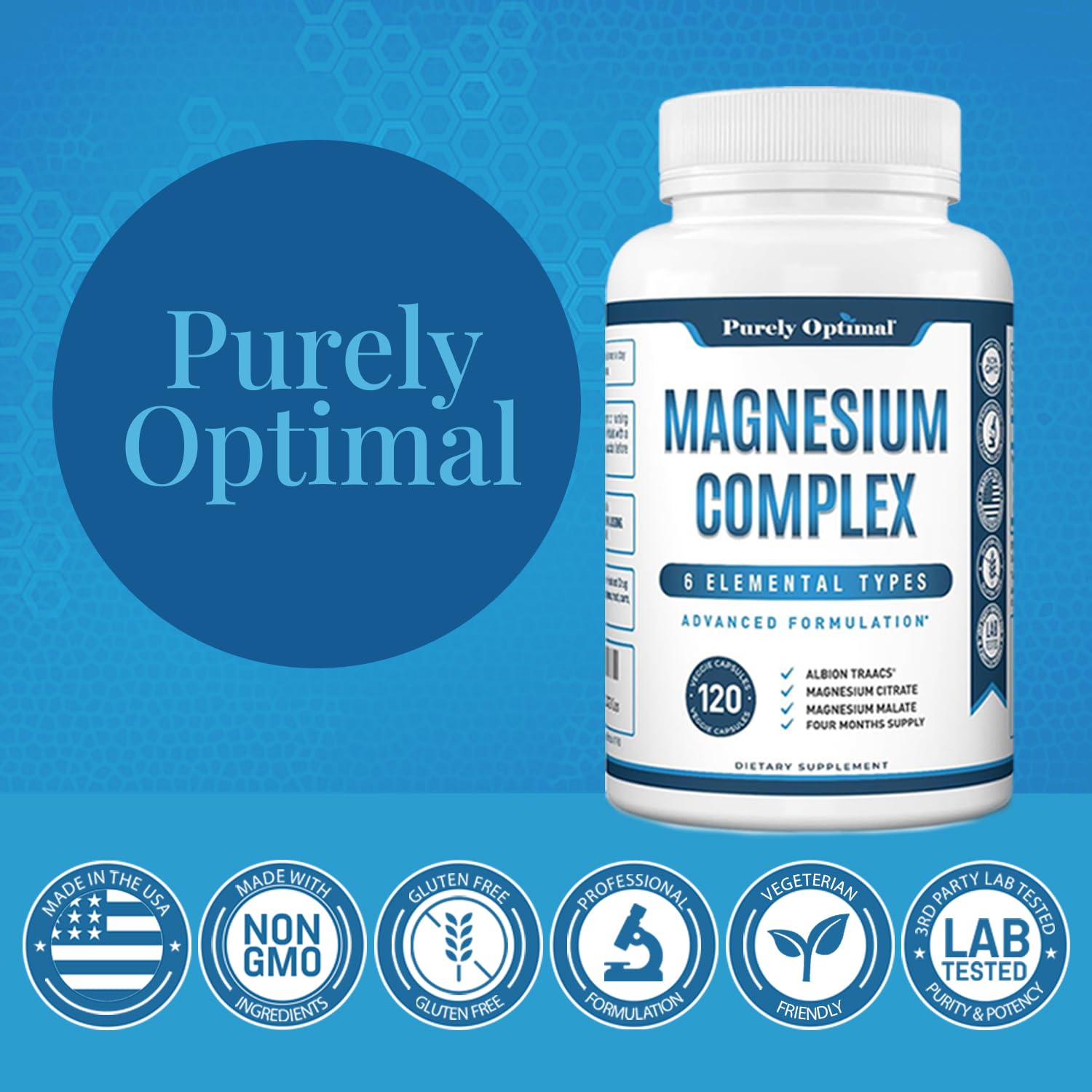 Purely Optimal Magnesium Complex - 6 Forms Magnesium Glycinate, Citrate & Malate - Sleep Support, Stress Relief, Muscles, Heart Health & Relaxation - Magnesium Supplement for Women & Men, 120 Caps Purely Optimal buy supplements Au