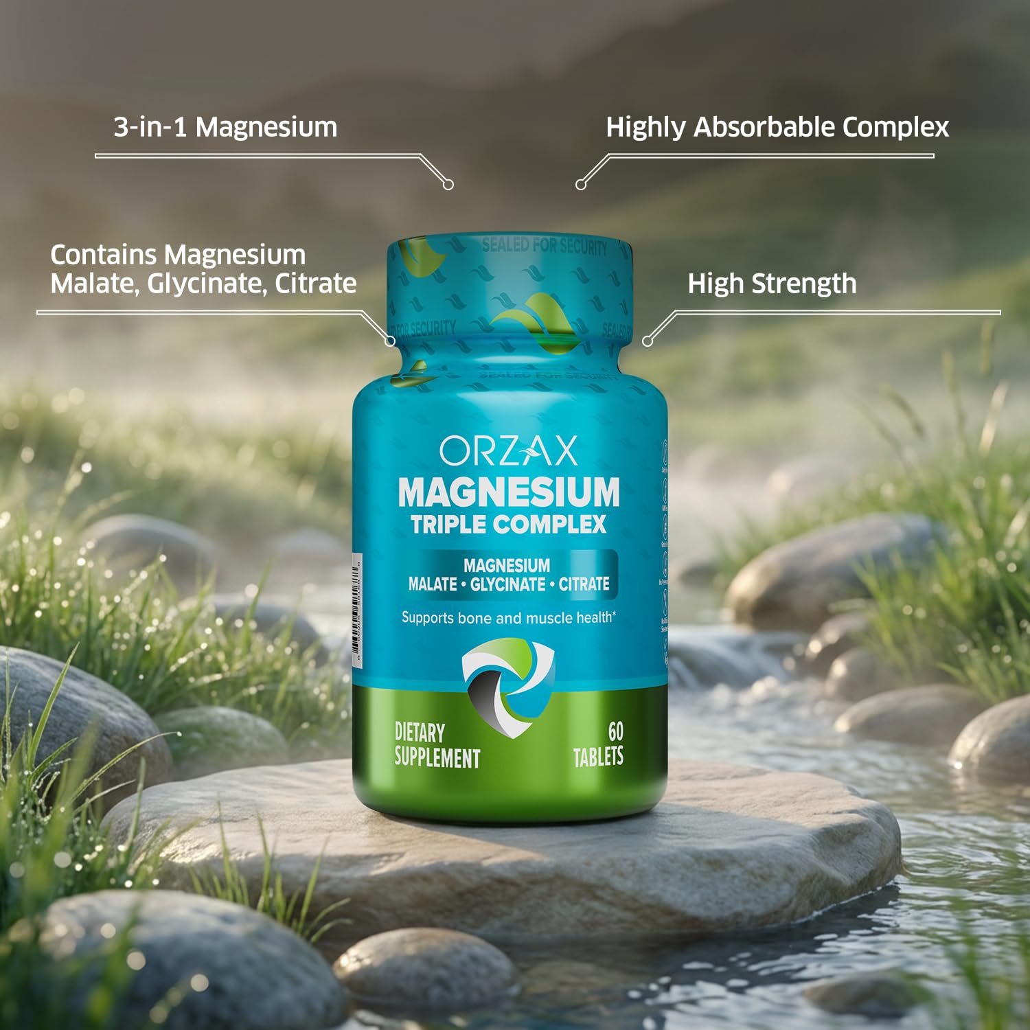 ORZAX Magnesium Triple Complex | Magnesium Glycinate, Citrate, Malate | Vegan, Gluten Free, Dairy Free, Halal | 200 mg of Triple Complex Magnesium for Muscles & Energy for Women and Men | 60 Tablets ORZAX buy supplements Au