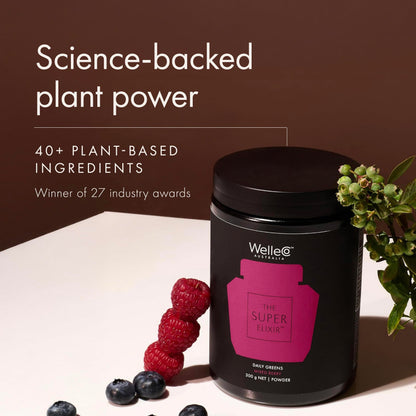 WelleCo The Super Elixir Daily Greens Powder, Probiotic Drink Mix with Whole Foods, Gluten Free, Vegan Gut Health Powder, Energy, Immunity, Healthy Skin, Hair & Nails (300g, Mixed Berry) WelleCoBuy Supplements Australia