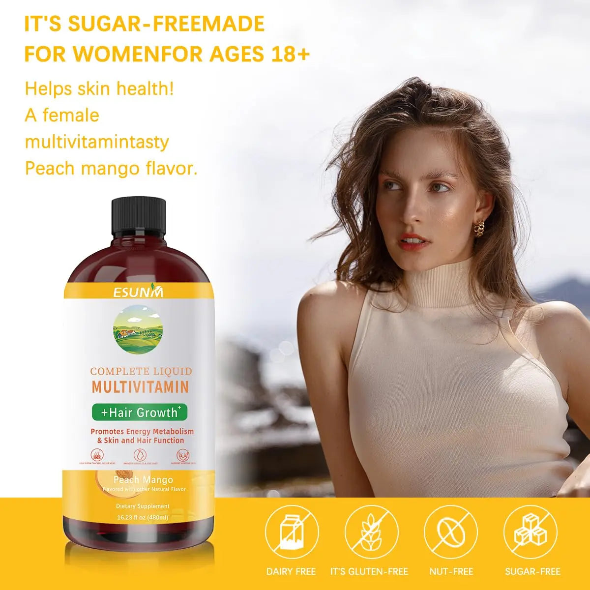 ESUNM Complete Liquid Multivitamin + Hair Growth, Promotes Energy Metabolism& Skin and Hair Function| Vitamin C D | B Vitamins | ESUNM