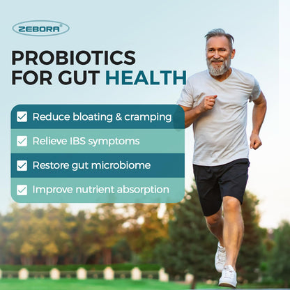 ZEBORA Probiotics for Men and Prebiotics for Digestive Health, 90 Tablets, 60 Billion CFUs for Immune and Gut Health, 10 Strains, Hypoallergenic Probiotics,