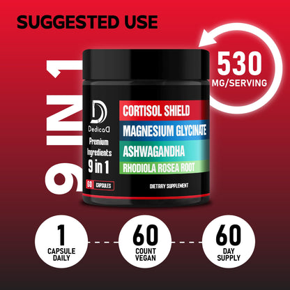 DEDICAD 9in1 Cortisol Shield - Magnesium Glycinate & Ashwagandha with Rhodiola, Phosphatidylserine, Passion Flower, L-Theanine, Apigenin, Licorice, Magnolia - Rest Well & Mood Balance - 60 Count DEDICAD buy supplements Au