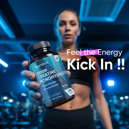 WeightWorld Micronized Creatine Monohydrate 3000mg Tablets - Muscle Growth, Strength, Energy & Recovery | Pre Workout Creatine for Women & Men | 1000mg per Tab
