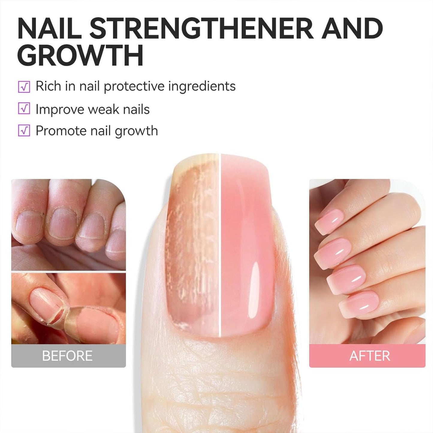 Nail Strengthener for Women, Pink Nail Hardener Extra Strong and Growth, Long-Lasting Quick Dry, Nail Strengthening Polish for Weak Brittle