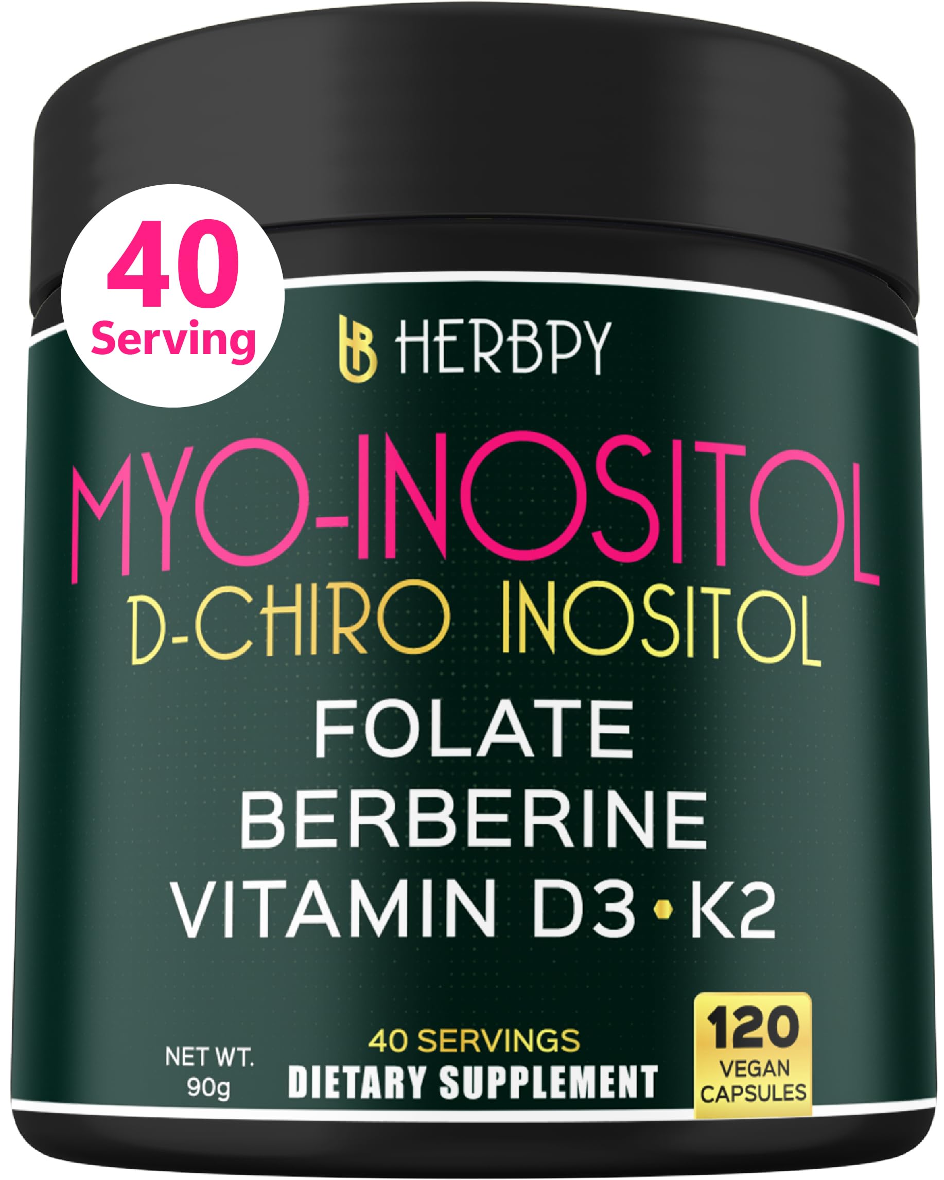 Herbpy 6in1 Premium 40:1 Myo-Inositol & D-Chiro Inositol Supplement for Women with Folate, Berberine HCl 97%, Vitamin D3 & K2 - Hormonal Balance & Ovarian Health Support- 120 Vegan Capsules Herbpy buy supplements Au