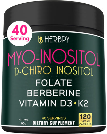 Herbpy 6in1 Premium 40:1 Myo-Inositol & D-Chiro Inositol Supplement for Women with Folate, Berberine HCl 97%, Vitamin D3 & K2 - Hormonal Balance & Ovarian Health Support- 120 Vegan Capsules Herbpy buy supplements Au