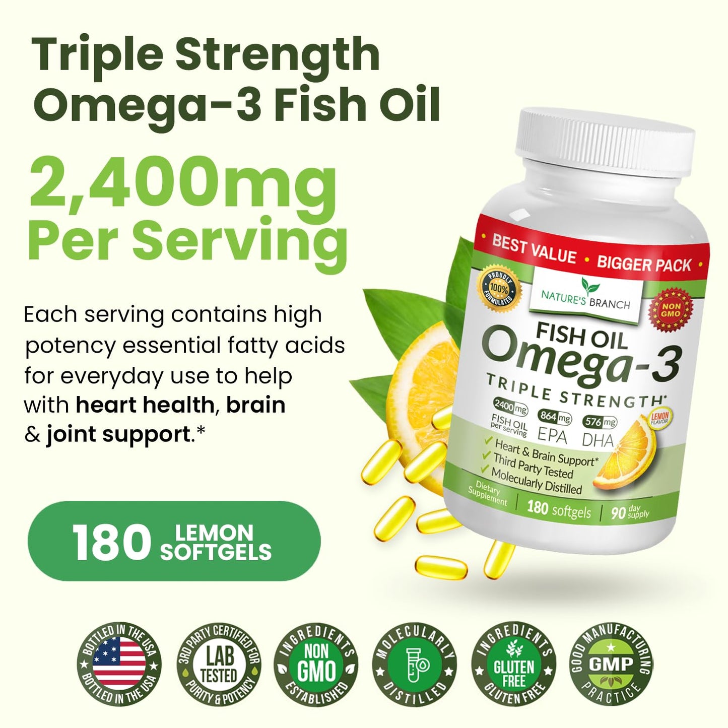 Triple Strength Omega 3 Fish Oil Supplements 2400mg | 180 Capsules, Burpless High Potency Lemon Flavor, High EPA DHA for Men & Women Ultra Pure Softgels | Joint Support, Eyes, Heart Brain Health Pills NATURE'S BRANCHBuy Supplements Australia