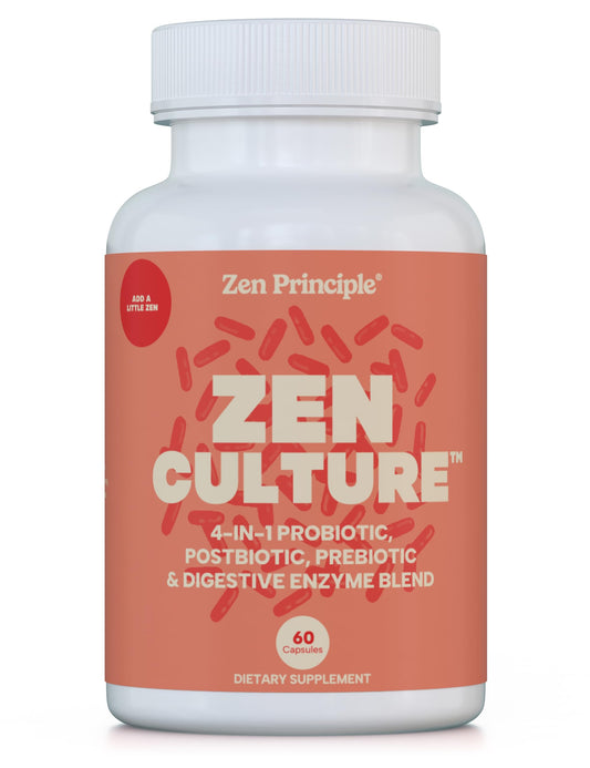 Zen Principle Zenculture™ – 4-in-1 Synbiotic Supplement (Probiotic + Prebiotic + Postbiotic + Digestive Enzymes) with CoreBiome®. Anti Bloating