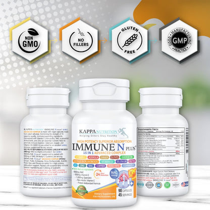 (60 Capsules), NAC 600mg, Quercetin 1,000mg, Vitamin C 500mg, Zinc 50mg, Vitamin D3 5,000iu, Selenium, Copper, Acerola, Ginger, Rutin, Citrus Bioflavonoids, Rose Hips, Echinacea, Immune N Plus 15 in 1 KAPPA NUTRITION buy supplements Au