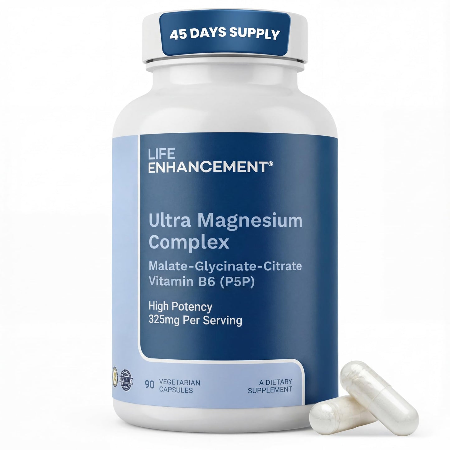 Life Enhancement Ultra Magnesium Complex supplement bottle with capsules on a white background