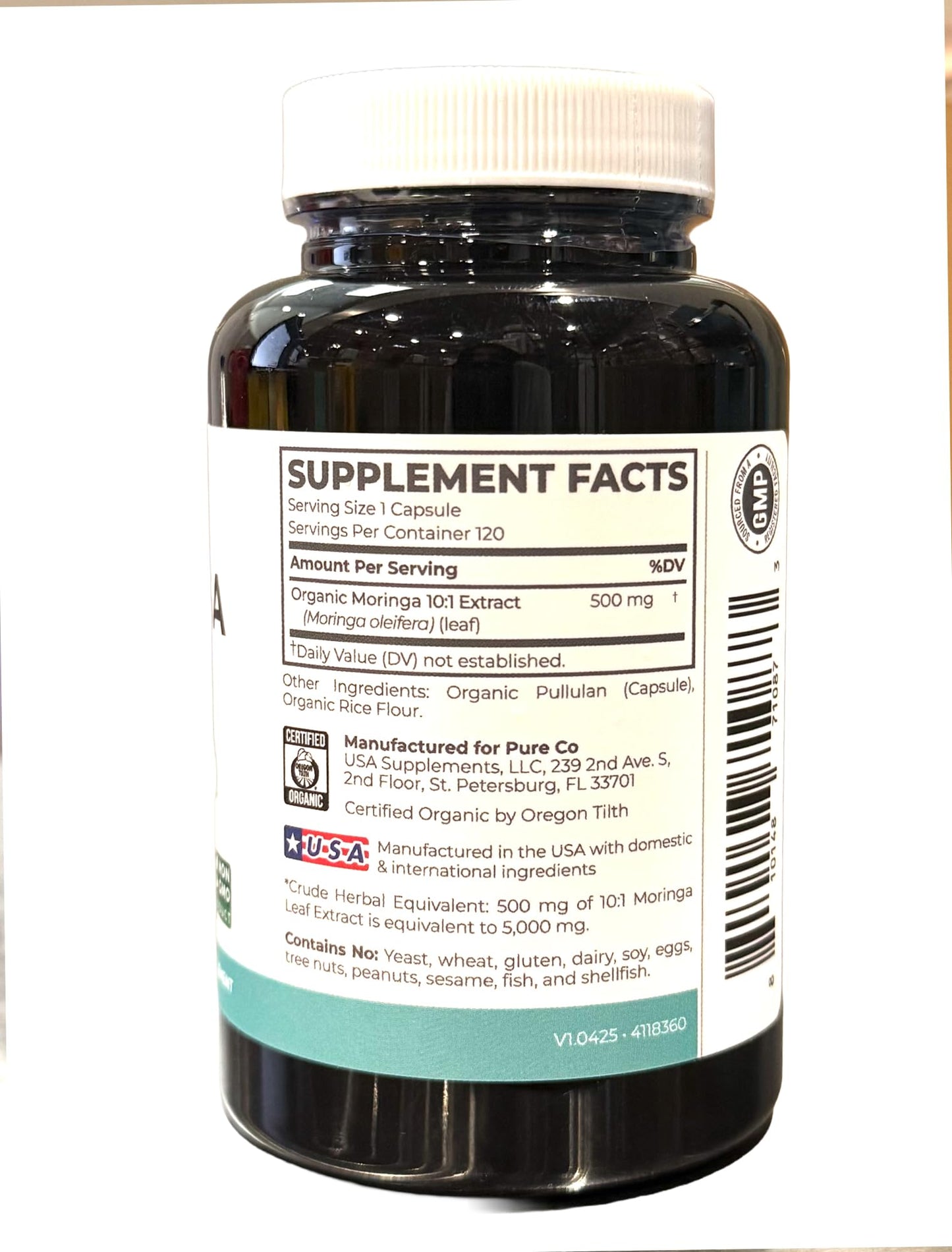 USDA Organic Moringa Capsules - High Potency Organic Moringa 500mg Extract 10:1 Per 1 Capsule Serving - Nutrient Dense Green Superfood Antioxidant
