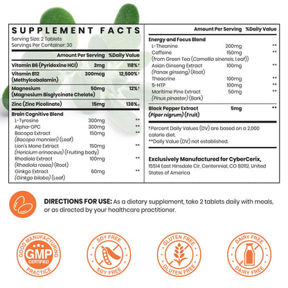 17-in-1  Supplement for Memory and Focus - Supplement for Concentration, Clarity, Energy & Focus - Natural Caffeine Blend with Vitamins, Amino Acids & Herbal Extracts - 60 Tablets