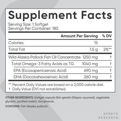 Sports Research® Omega-3 Fish Oil 1250 - Triple Strength Fish Oil Supplement from Wild Alaska Pollock - MSC Certified Sustainable · Non-GMO · Soy Free - 180 Softgel Capsules Sports Research buy supplements Au