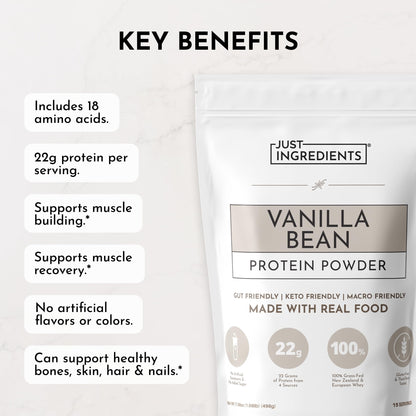 JUST INGREDIENTS Vanilla Protein Powder - Grass-Fed Whey Blend, Organic, Gluten Free, Dairy Free, Soy Free - 15 Servings, 22g Protein