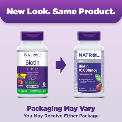 Natrol Biotin 10000mcg, 4X Faster Dissolve Supplement for Healthy Hair, Skin and Nails for Those Low in Biotin, Plus Energy Metabolism Support