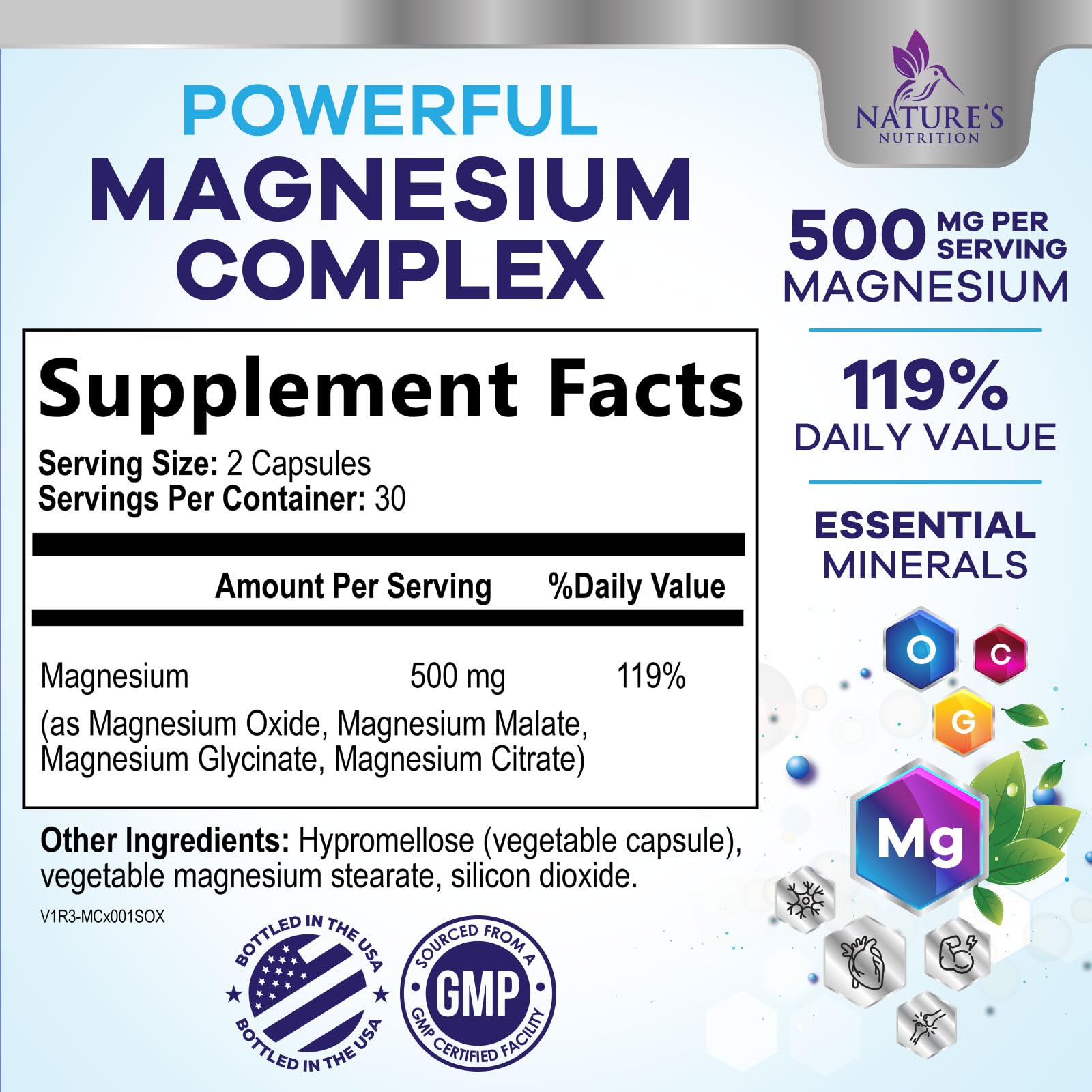 Magnesium Complex Supplement - Magnesium 500 mg Per Serving - 4 in 1 High Absorption Blend - 100% Chelated Magnesium Glycinate with Malate, Citrate & Oxide - Vegan Complex - USA Bottled - 60 Capsules Nature's Nutrition buy supplements Au