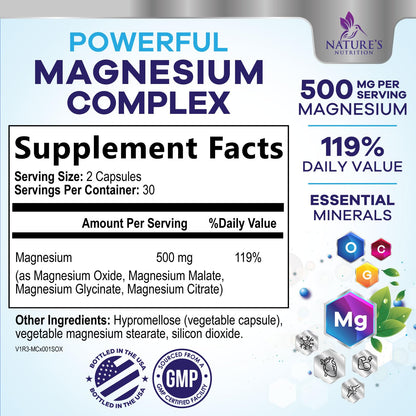 Magnesium Complex Supplement - Magnesium 500 mg Per Serving - 4 in 1 High Absorption Blend - 100% Chelated Magnesium Glycinate with Malate, Citrate & Oxide - Vegan Complex - USA Bottled - 60 Capsules Nature's Nutrition buy supplements Au