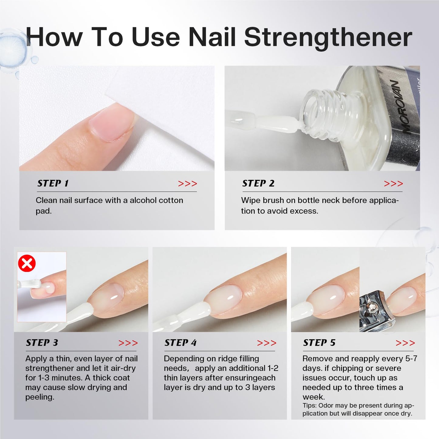 Morovan Nail Strengthener And Hardener: Milky White Ridge Filler Nail Concealer With Keratin For Thin Weak Brittle Nails, Strengthening Polish Repair For Damaged Nails, Air Dry Natural Nail Care 15ml