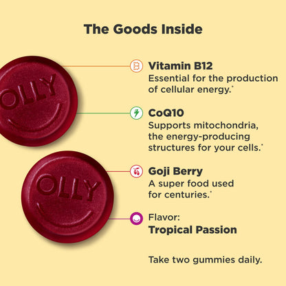 OLLY Daily Energy Gummy, Caffeine Free, Vitamin B12, CoQ10, Goji Berry, Adult Chewable Supplement & Hello Happy Gummy Worms, Mood Balance Support, Vitamin D, Saffron, Adult Chewable Supplement OLLYBuy Supplements Australia