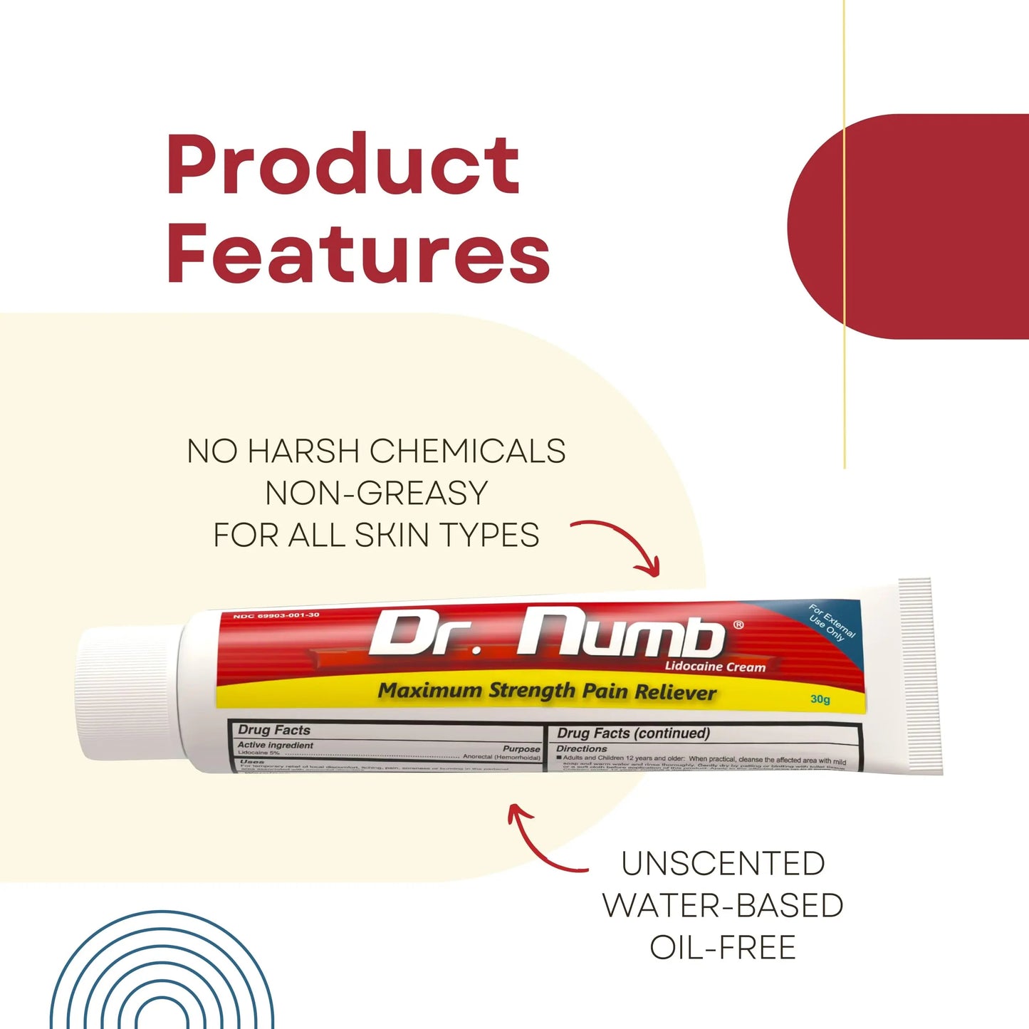 Dr. Numb 5% Lidocaine Numbing Cream, Fast-Acting Maximum Strength Topical Anesthetic Pain Relief Burn Itch Numb Cream with Vitamin E for Hemorrhoid Treatment, Local and Anorectal Uses - 30g Dr. NumbBuy Supplements Australia