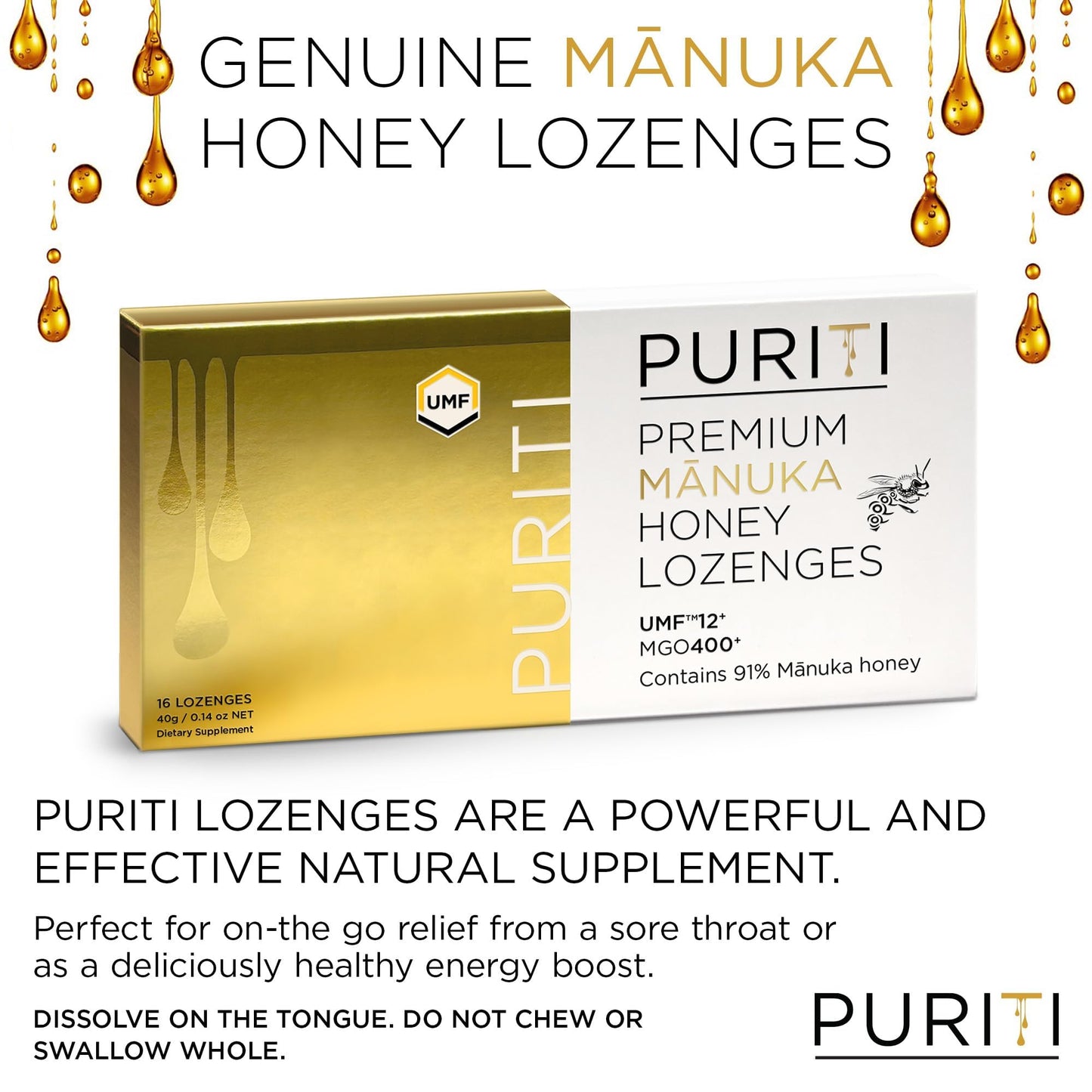 PURITI Premium Manuka Honey Lozenges High Potency - Sugar Free Drops | Genuine New Zealand Raw Manuka Honey Soothers for Coughs & Sore Throats | UMF Certified MGO 400+ UMF12+ (16 Pack)