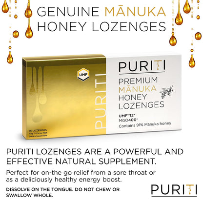PURITI Premium Manuka Honey Lozenges High Potency - Sugar Free Drops | Genuine New Zealand Raw Manuka Honey Soothers for Coughs & Sore Throats | UMF Certified MGO 400+ UMF12+ (16 Pack)
