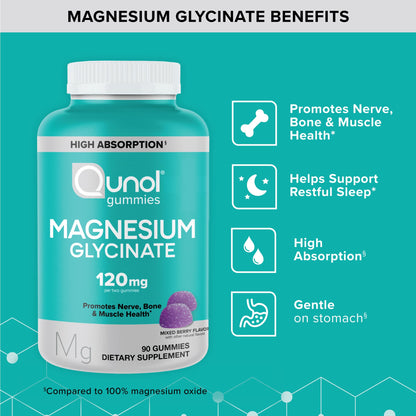 Qunol Magnesium Glycinate Gummies, 120mg of Magnesium Glycinate, High Absorption, Mixed Berry, 90 Count (Pack of 1) QunolBuy Supplements Australia