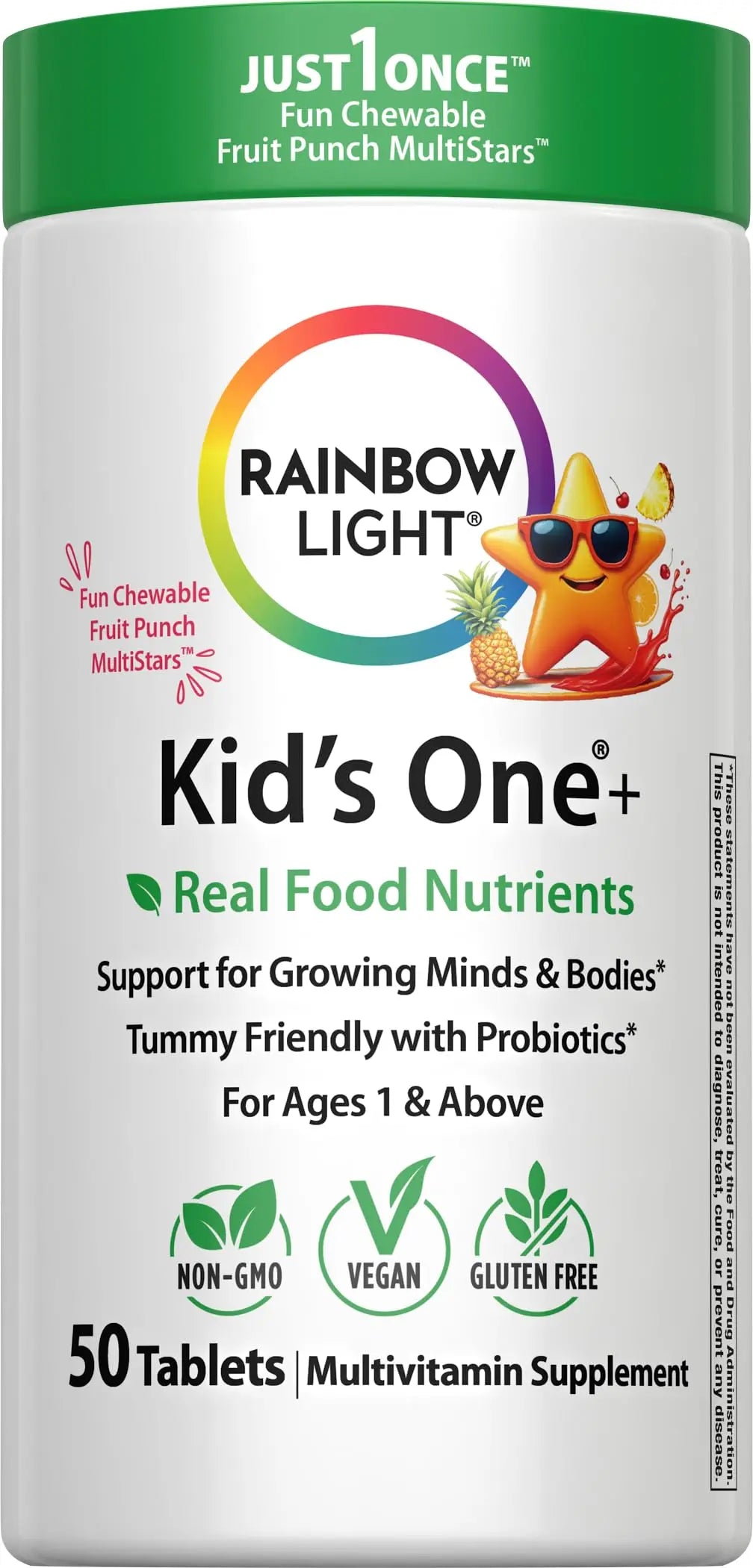 Rainbow Light Kids One + Multivitamin | 50 Chewable Tablets | with Iron & Tummy Friendly Probiotics | Fruit Punch Flavor | Real Food Nutrients Rainbow Light
