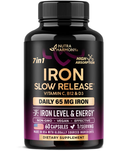 Iron Supplement for Women - Iron 65mg (Ferrous Sulfate 325mg) - Stomach Friendly | Slow Release Iron | High Absorption - Vitamins C, D3, B6, B12 & Folate