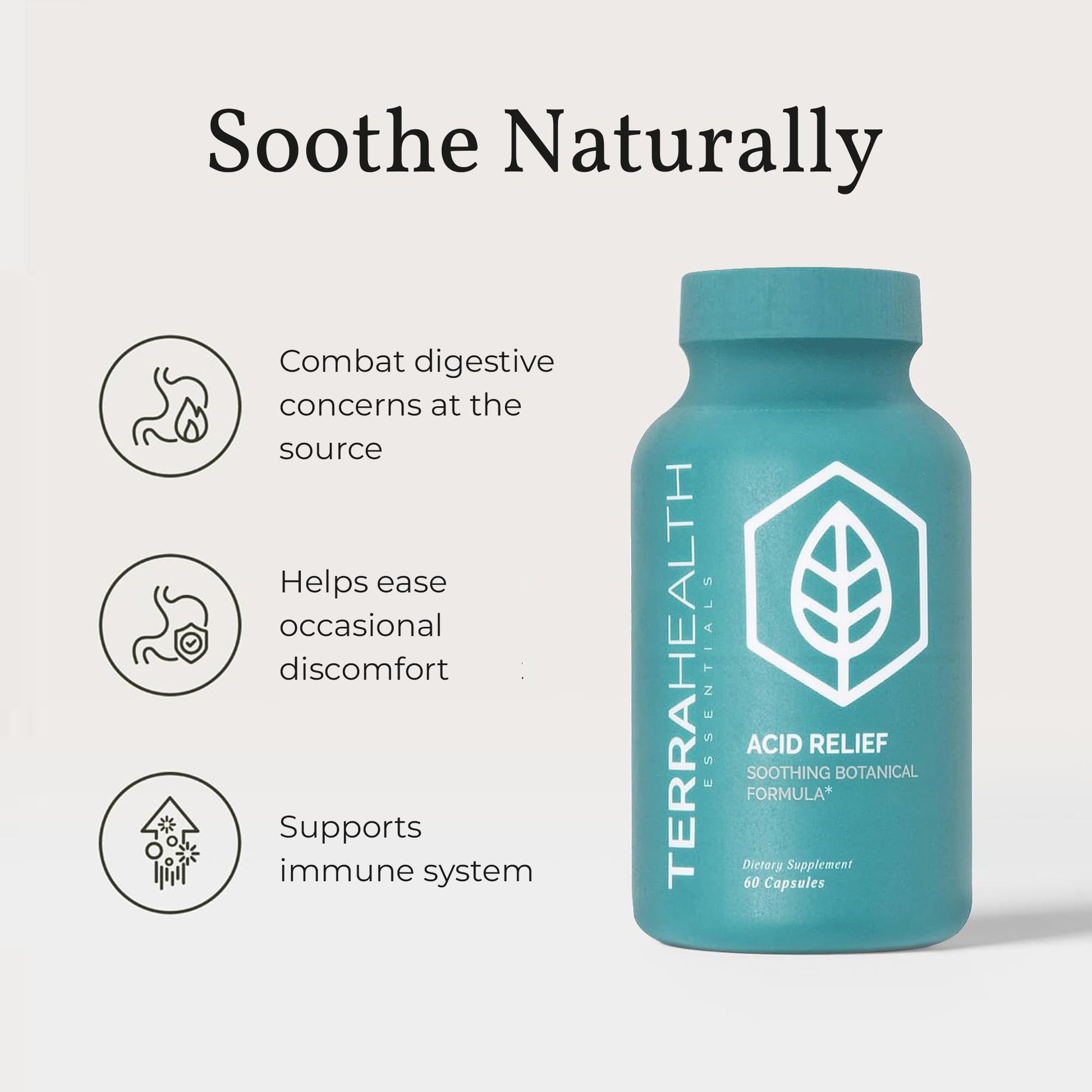 Terra Health Essentials Acid Relief - Plant Based Digestive Support Supplement for Comfortable Gut Function - Lemon Balm, Slippery Elm, Aloe Vera, DGL Licorice - 60 Capsules Terra Health Essentials buy supplements Au