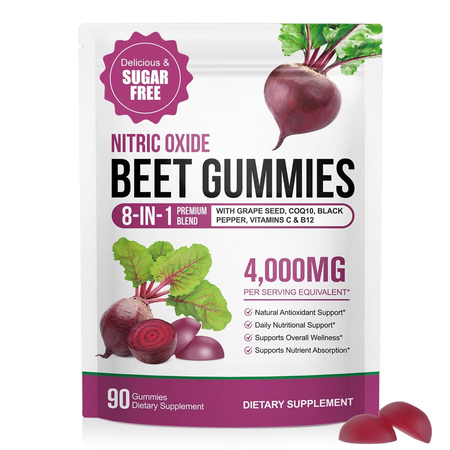 ECHTEYUN Super Beetroot Gummies, 8 in 1 Beet Root 4,000mg with Grape Seed Extract & CoQ10, Sugar Free - 90 Count (1)