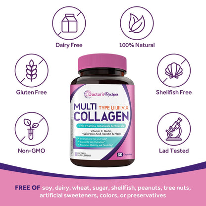 Doctor's Recipes Multi Collagen Peptides, Type I, II, III, V, X, 1000 mg Per Serving, Vitamin C, Biotin, Hyaluronic Acid, Keratin, Turmeric, for Hair, Nails, Skin, Stay Active, Antioxidant, 60 Caps Doctor's Recipes buy supplements Au