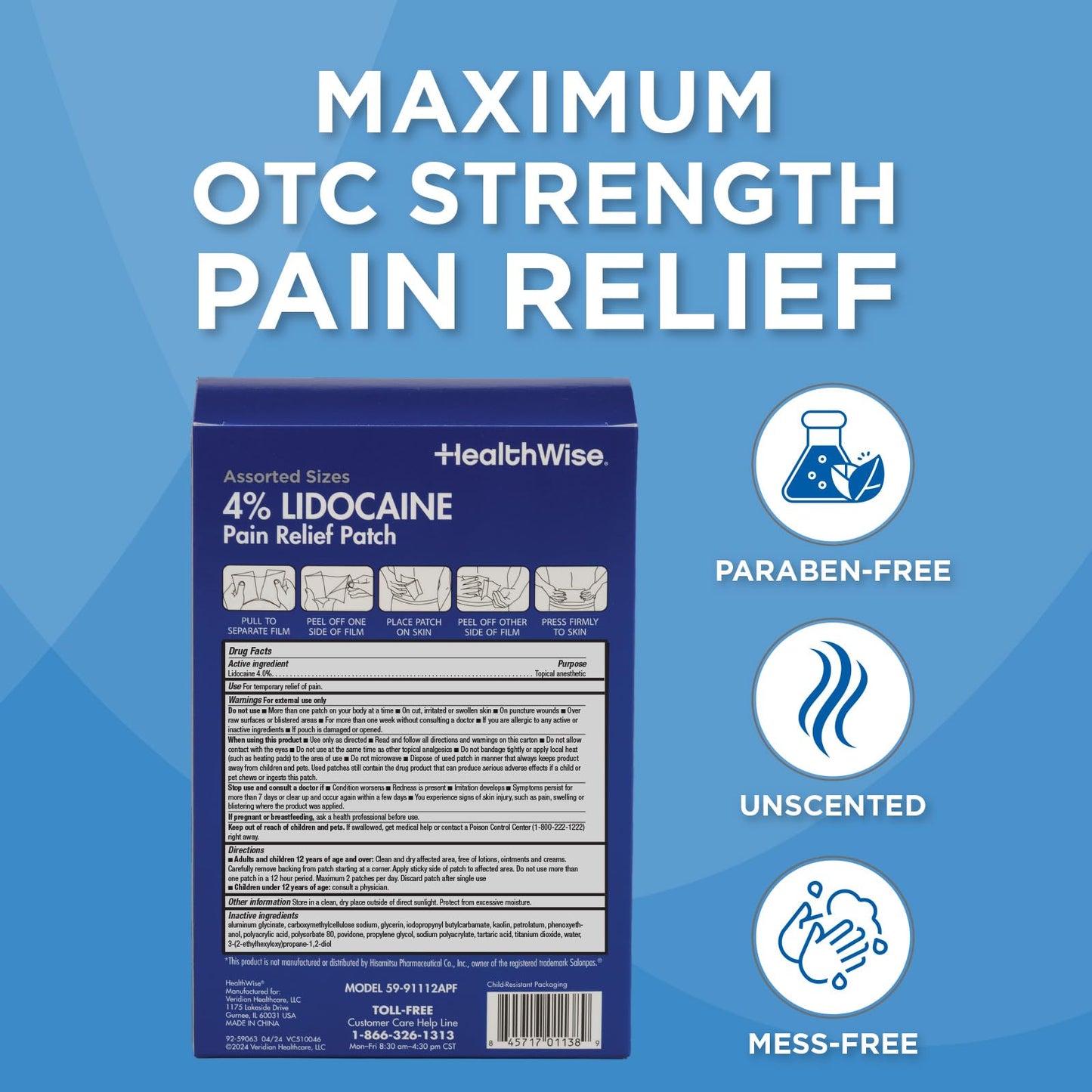 HealthWise Lidocaine Pain Patch | 4% OTC Lidocaine | 12-Count Assorted Sizes | Paraben-Free Formula | Temporarily Soothes Minor Aches and Pains | Unscented | Flexible Application HealthWiseBuy Supplements Australia