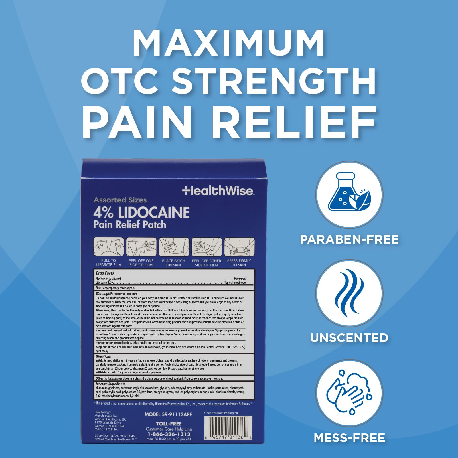 HealthWise Lidocaine Pain Patch | 4% OTC Lidocaine | 12-Count Assorted Sizes | Paraben-Free Formula | Temporarily Soothes Minor Aches and Pains | Unscented | Flexible Application HealthWiseBuy Supplements Australia