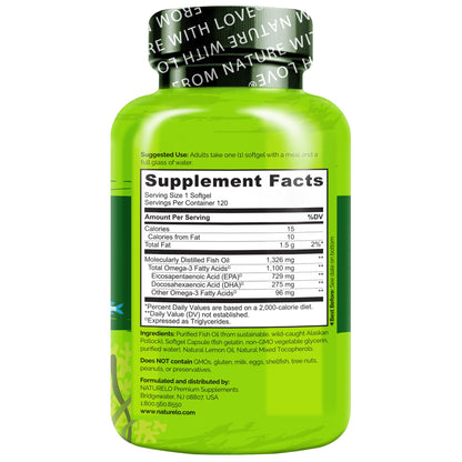 NATURELO Burpless Omega 3 Fish Oil Supplement - 1100mg Triglyceride Omega-3, EPA + DHA, Liquid Fish Oil for Heart, Eye, Brain, Joint Health