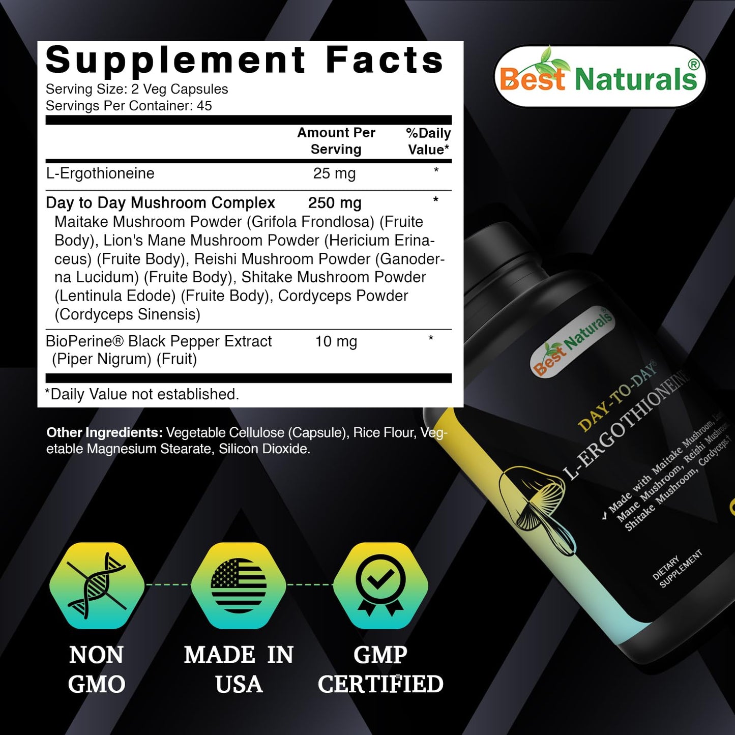 Best Naturals Day-to-Day L-Ergothioneine 25 mg with Maitake Mushrom, Lion's Mane Mushroom, Reishi Mushroom 90 Capsules Best NaturalsBuy Supplements Australia