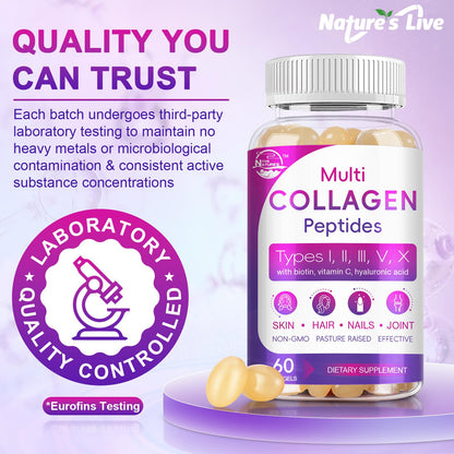 Multi Collagen Peptides Softgel - Type I, II, III, V, X - Hydrolyzed Collagen Peptides with Biotin, Vitamin C, Hyaluronic Acid, Supports Skin Hair Nail