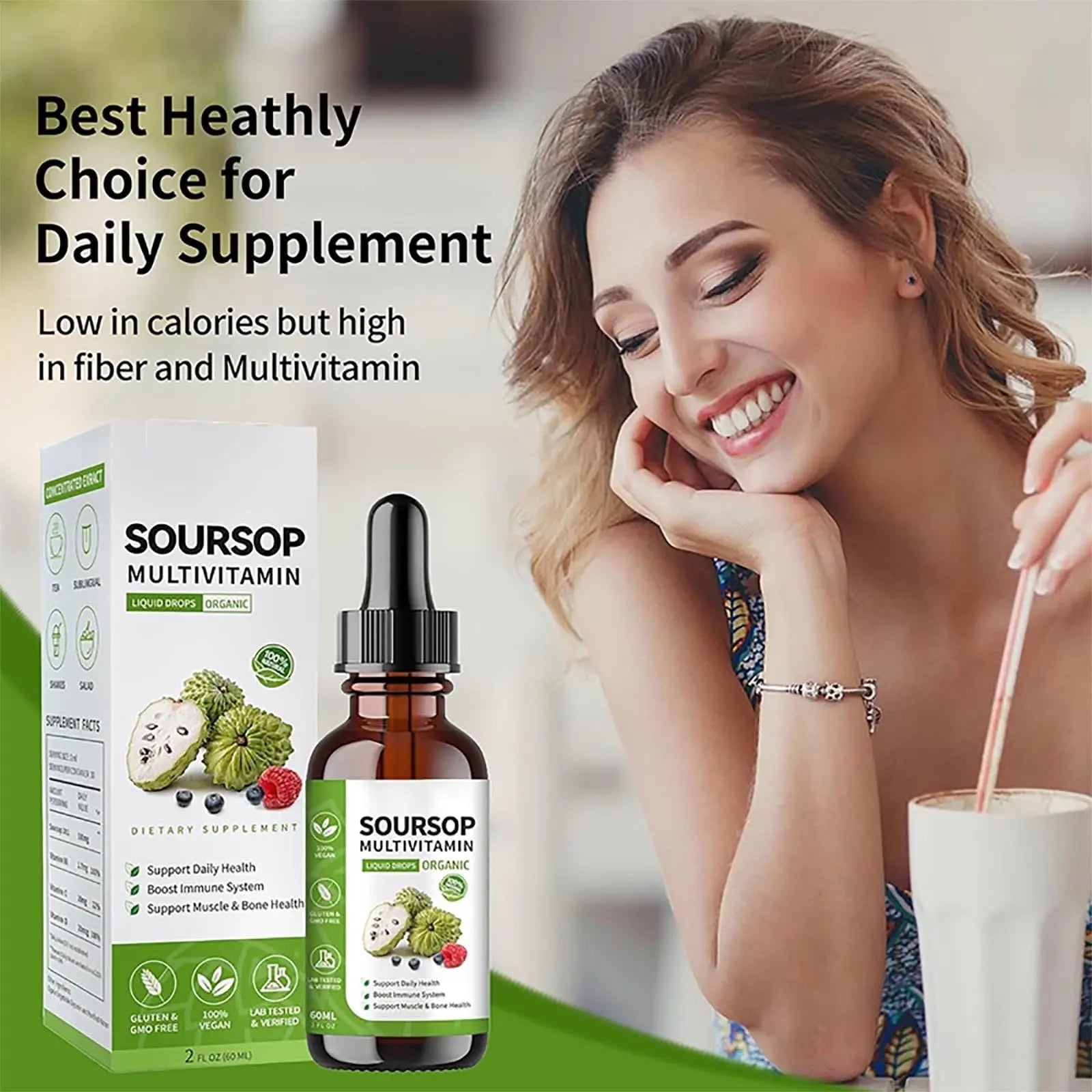 Soursop Bitters Liquid 2 Fl Oz, Soursop Graviola Leaf Extract Liquid Drop, Soursop Multivitamin Liquid Drops Organic for Cell Support, Immune System, Relax bogomo