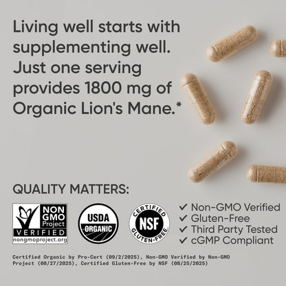 Sports Research® Organic Lion's Mane Mushroom Supplement 1800mg - Brain Health, Focus & Cognitive Supports - USDA Certified Organic · Non-GMO · Vegan - 90 Count Capsules Sports Research buy supplements Au