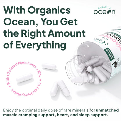 Organics Ocean Pure Magnesium Glycinate with Zinc - Maximum Strength Chelated Magnesium Supplement for Women and Men