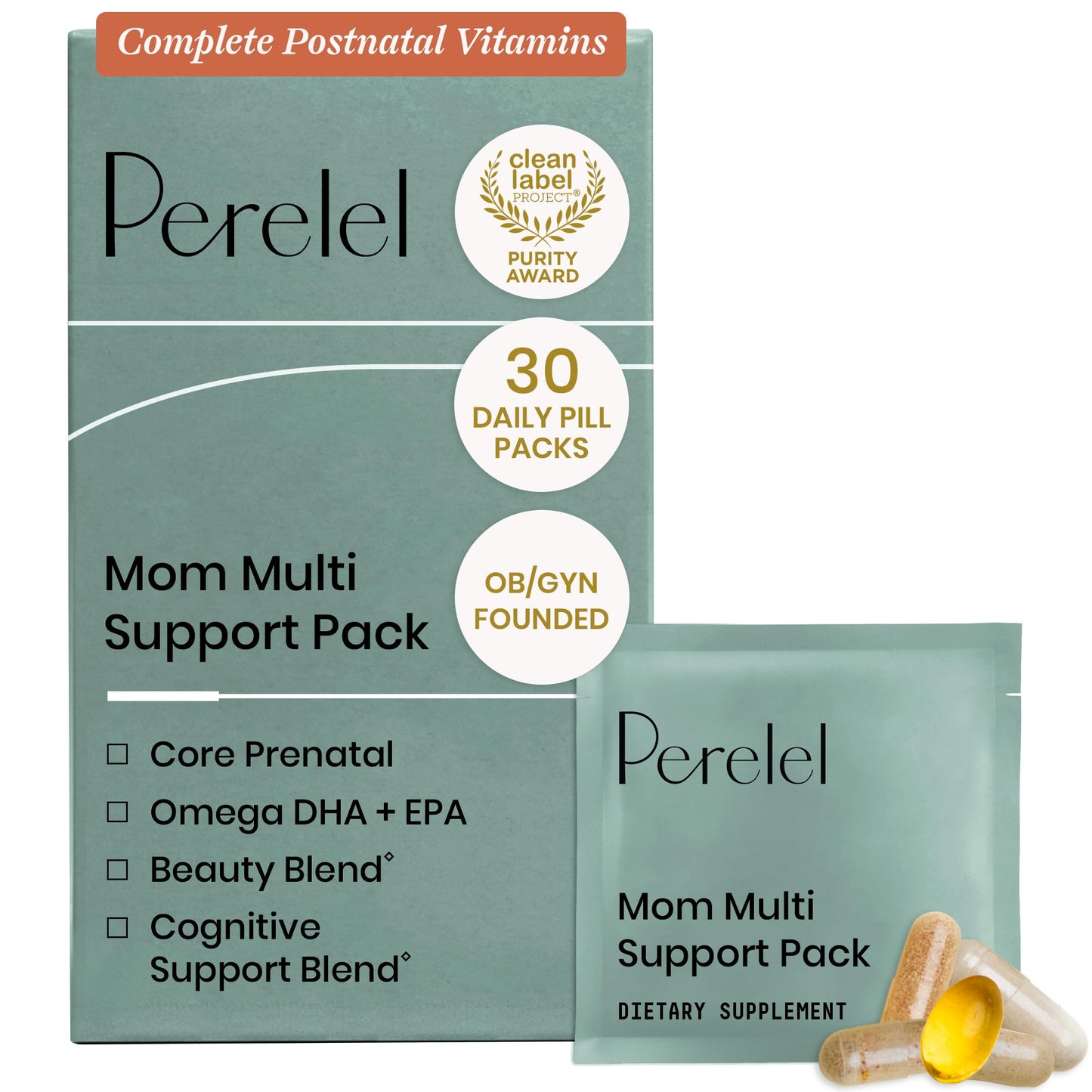 Perelel Mom Multi Support Pack, Postnatal Vitamins for Women with Omega 3 Dha, Iron, Collagen, & Vitamin B12 to Support Postpartum Health