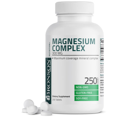Supplement bottle labeled 'Magnesium Complex' with white capsules on a white background