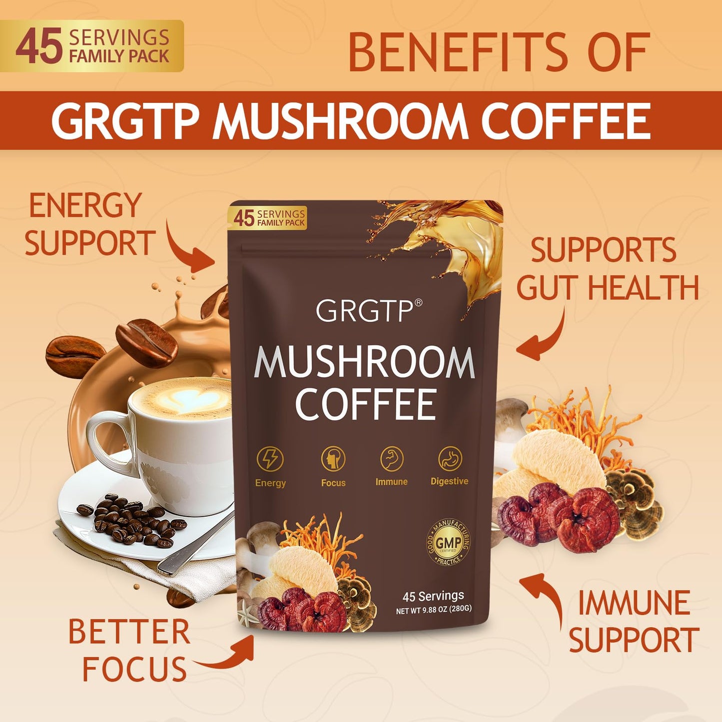 GRGTP Mushroom Coffee - Superfood Blend with 6 Adaptogens (Cordyceps, Lion's Mane, Reishi Other) | Jitter-Free Energy, Enhanced Focus, Digestion & Immunity Support |