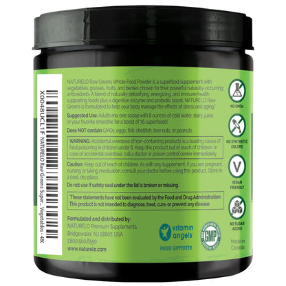 NATURELO Raw Greens Superfood Powder - Unsweetened - Boost Energy, Detox, Enhance Health - Organic Spirulina - Wheat Grass - Whole Food Nutrition from Fruits