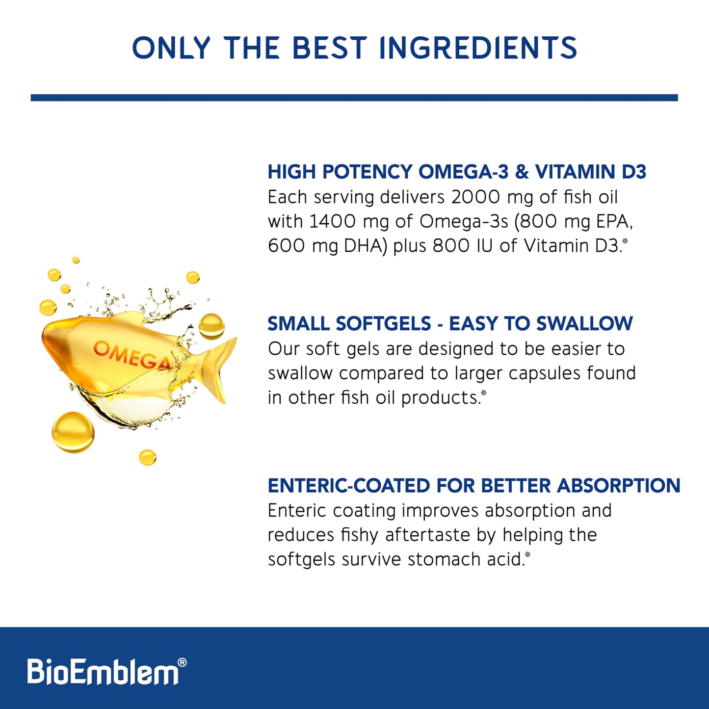 BioEmblem Omega-3 Fish Oil 2000mg - Small Size Softgels, High Absorption Form, Sustainable - 1400mg EPA &DHA Plus Vitamin D3, Non-GMO, Heart, Joint, & Brain Health Fish Oil Supplement, 120 Ct BioEmblem buy supplements Au